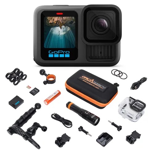 GoPro HERO13 Dive Bundle contents — camera, tray, light, mounts & 64GB memory card
