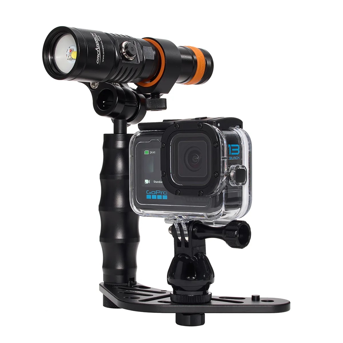 GoPro HERO13 Dive Bundle assembled on the underwater tray with light and mount