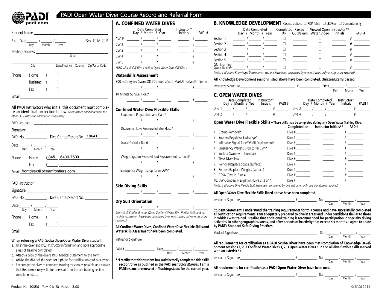 PADI Referral Form example